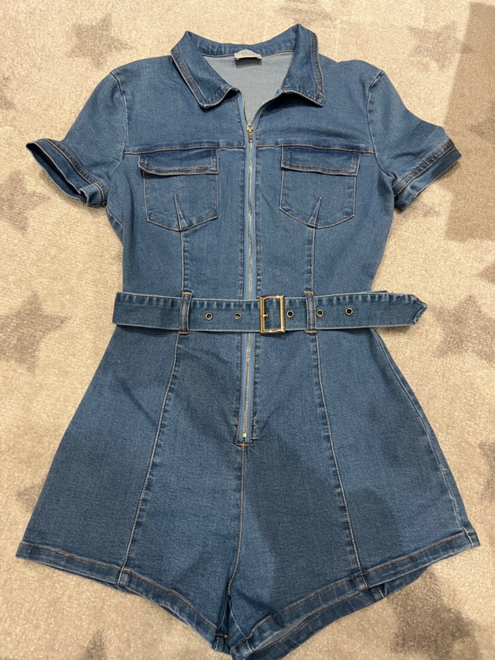 Denim Zip-Front Short Sleeve Romper with Belt